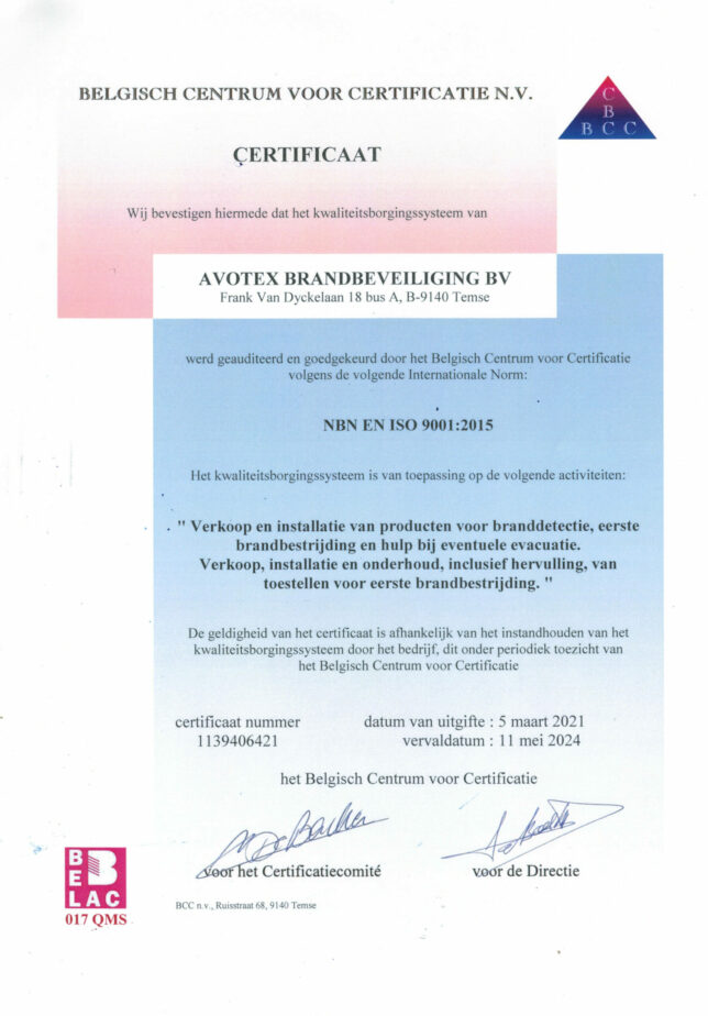 Certificaat ISO 9001 - 2015 (geldig tot 2024)